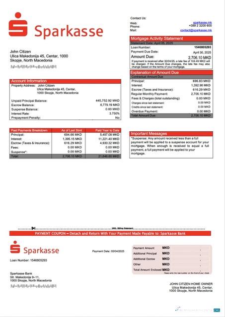 Download North Macedonia Sparkasse Bank mortgage statement Word and PDF template Photoshop template